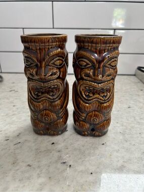 Vintage 1970s Ceramic Tiki Glasses — Brown Glazed Set of 2